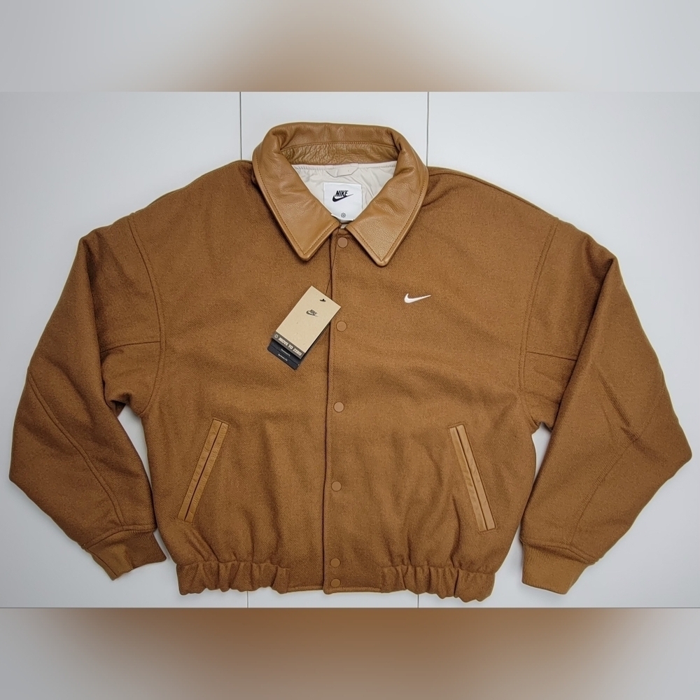 Nike Solo Swoosh Wool Varsity Jacket Leather Brown FZ1168-281 Men’s Sz Small NEW